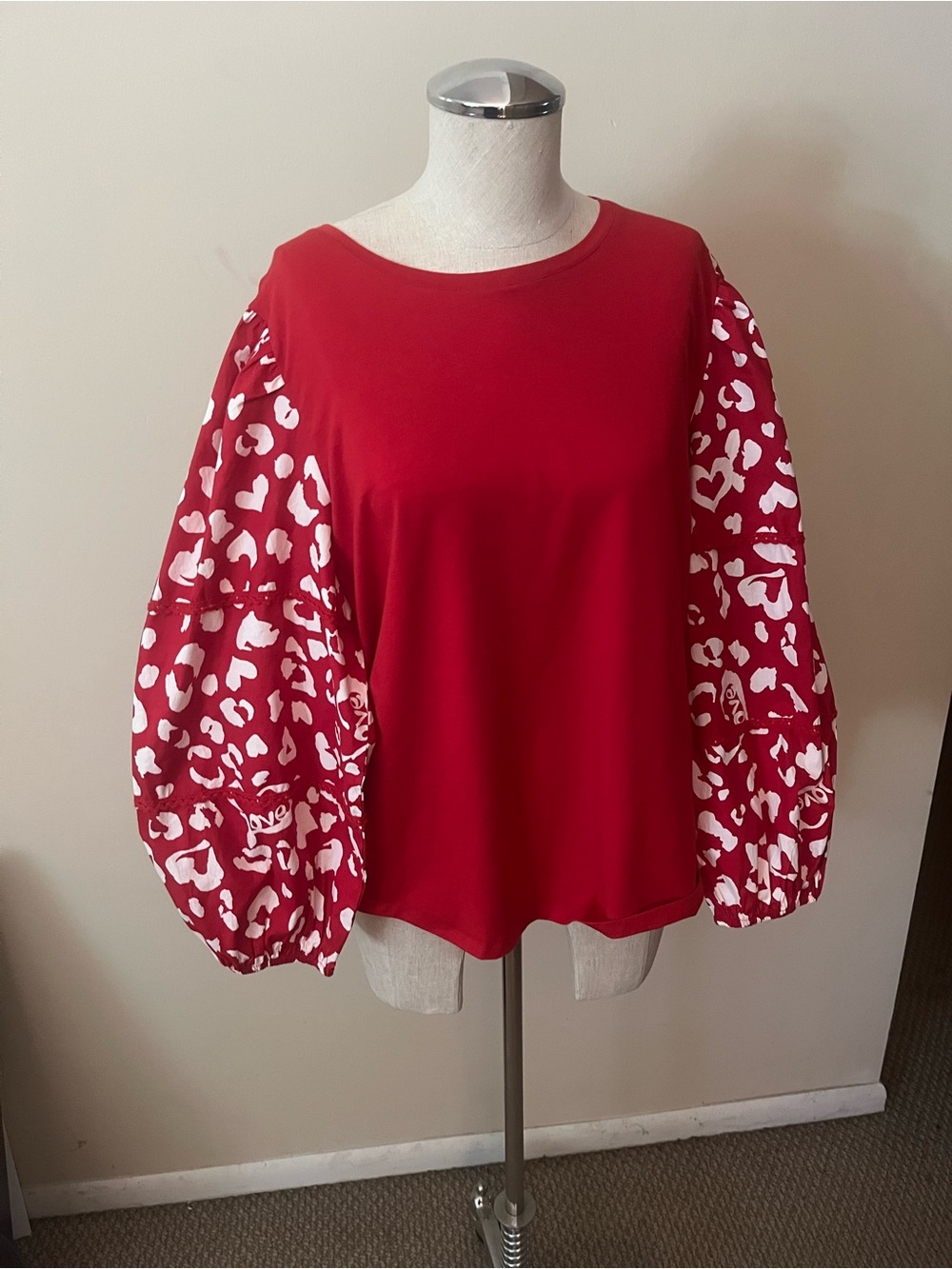 Chico's Red Balloon Sleeve Top with White Spot Print